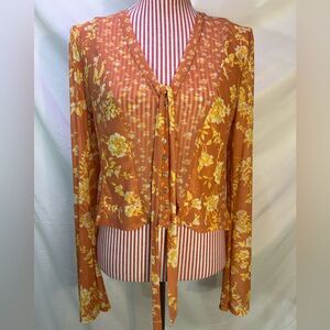Free People Boho Top Orange Yellow Floral Sheer Mesh Bell Sleeves Size Small